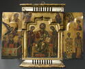 Triptyque à volets mobiles :au centre : La Déisis (le Christ trônant entouré des deux intercesseurs : la Vierge et saint Jean Baptiste) ;
au-dessus : L’Annonciation (à gauche, l’archange Gabriel ; à droite, la Vierge filant)., image 1/6