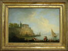 Marine, soleil couchant; pêcheurs poussant une barque, image 3/4