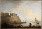 Marine, soleil couchant; pêcheurs poussant une barque, image 4/4