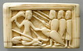 Panneau d'un petit coffret : scène de l'Histoire de Samson, le combat contre les Philistins avec la mâchoire d'âne, image 1/2