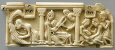 Panneau d'un petit coffret : trois scènes de l'Histoire de Samson (la source jaillissant de la mâchoire d'âne, Dalila coupant les cheveux de Samson, Samson aveuglé par les Philistins)., image 1/6