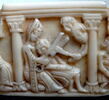 Panneau d'un petit coffret : trois scènes de l'Histoire de Samson (la source jaillissant de la mâchoire d'âne, Dalila coupant les cheveux de Samson, Samson aveuglé par les Philistins)., image 3/6