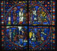 Vitrail, médaillon inférieur : scènes de l'histoire de saint Nicaise avec saint Nicaise et sainte Eutropie se dirigeant vers la cathédrale de Reims, arrivée des Vandales, martyre de saint Nicaise, image 3/17