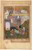 Le roi Khosrow Anushirvan et son vizir devant un palais en ruines, écoutant les doléances des deux oiseaux (page d'un 