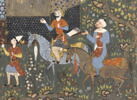 Le roi Khosrow Anushirvan et son vizir devant un palais en ruines, écoutant les doléances des deux oiseaux (page d'un 