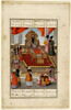 Fath Ali Shah sur son trône, avec deux princes à ses côtés, reçoit un groupe de savants secrétaires capables d'écrire des poèmes à la louange du roi (page d'un 