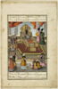 Fath Ali Shah sur son trône, avec deux princes à ses côtés, reçoit un groupe de savants secrétaires capables d'écrire des poèmes à la louange du roi (page d'un 
